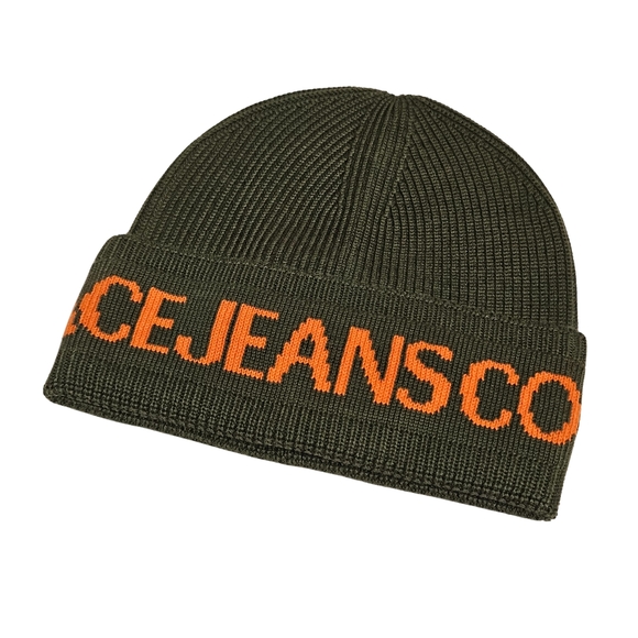 Versace Jeans Hat Beanie Dark Olive Orange Wool Blend Logo Designer main image 5